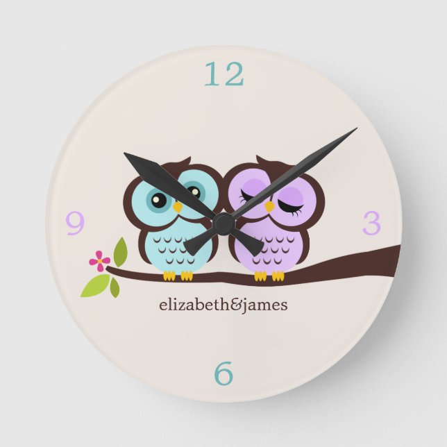 Relógio Redondo Casal Roxo e Aqua Owl (Frente)