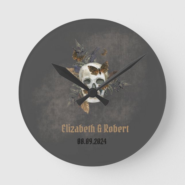 Relógio Redondo Casamento de Borboletas de Crânio Plântica Gótica (Frente)