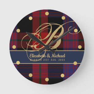 Relógio Redondo Casamento de Newlyweds Azul Tartan Azul