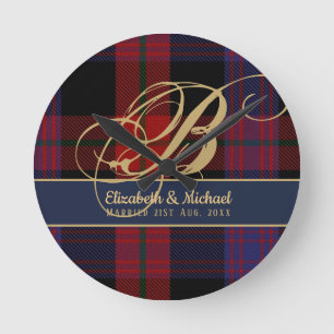 Relógio Redondo Casamento de Recém-Casados Monograma BROWN Tartan 