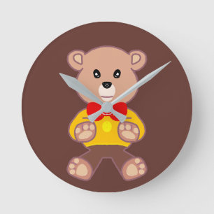 Relógio Redondo Castanho-do-urso-peludo, branco-vermelho, bege-beg