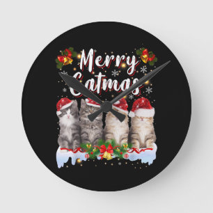 Relógio Redondo Cat Christmas Santa Hat Engraçado Feliz Catmas