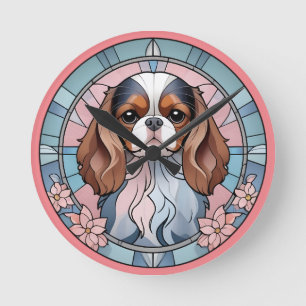 Relógio Redondo Cavalier King Charles Pastel Cor de Rosa Vidro Est