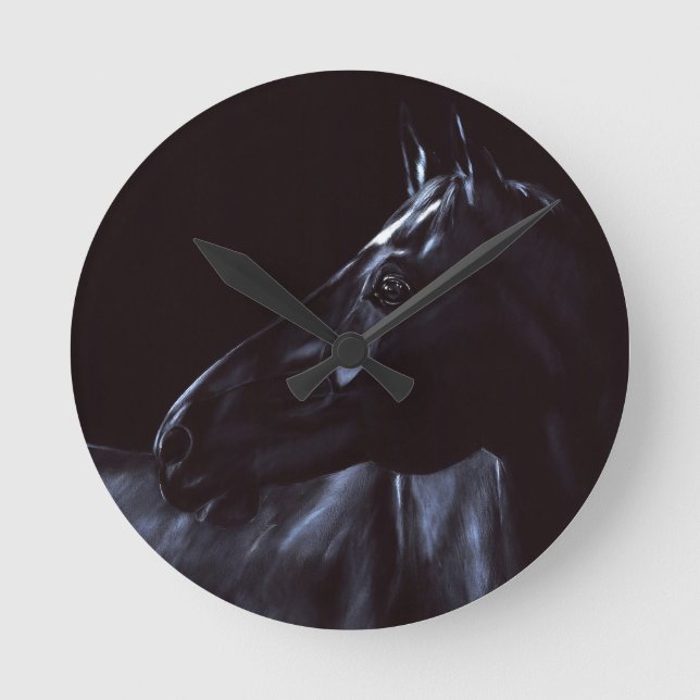 Relógio Redondo Cavalo preto elegante pintado à mão (Frente)