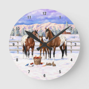 Relógio Redondo Cavalos Appaloosa Da Baía De Brown Em Neve