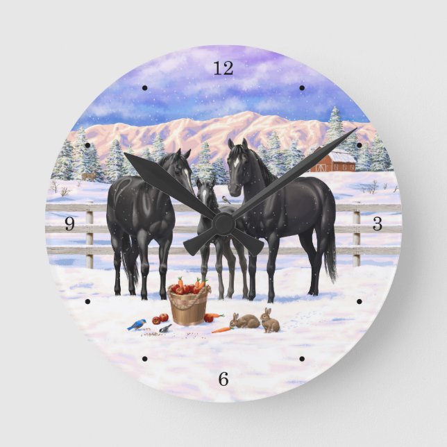 Relógio Redondo Cavalos Do Quarto Negro Na Neve (Frente)