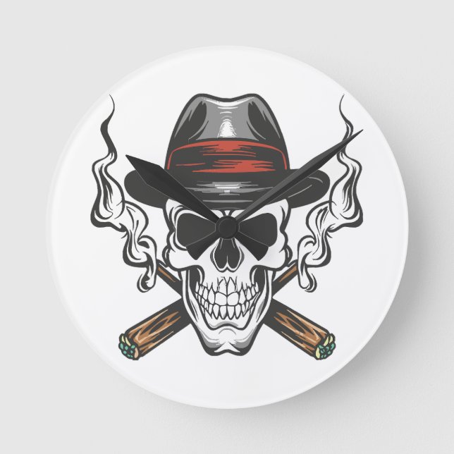 Relógio Redondo Caveira de gângster com chapéu fedora (Frente)