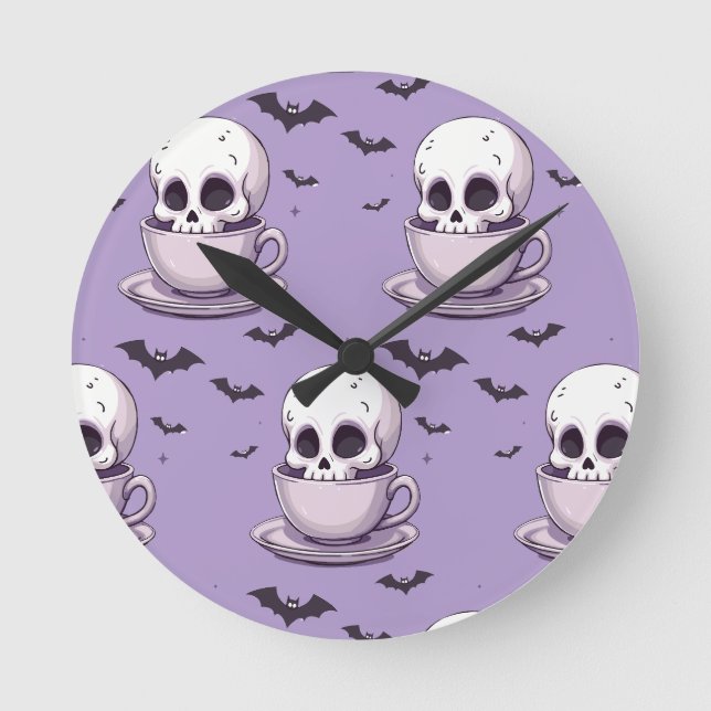 Relógio Redondo Caveira Pastel Goth em Xícara de Chá (Frente)
