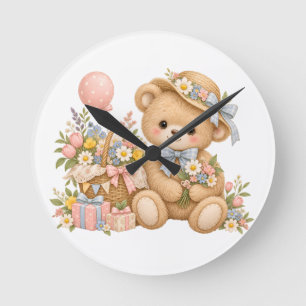 Relógio Redondo Celebração do Urso de Pelúcia Vintage com Flores S
