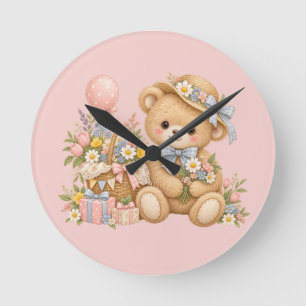 Relógio Redondo Celebração do Urso de Pelúcia Vintage com Flores S