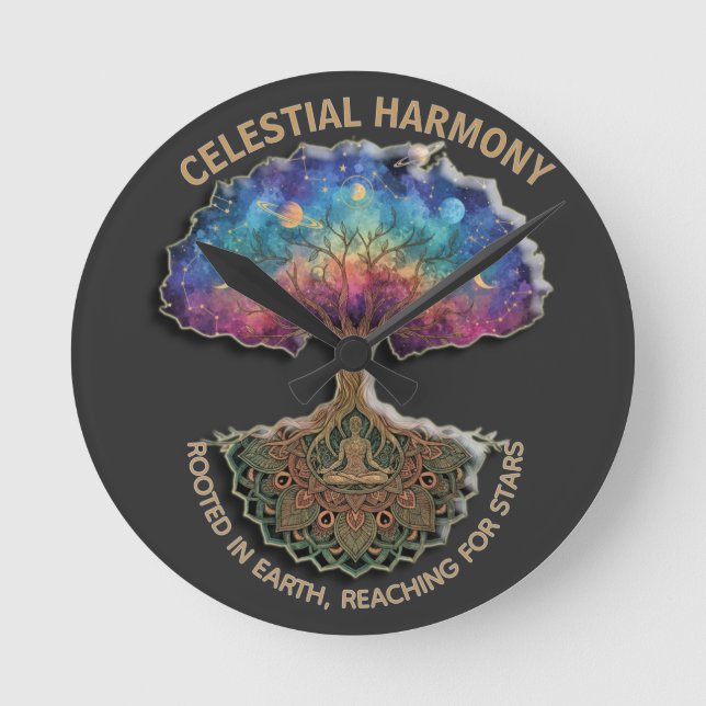 Relógio Redondo Celestial Harmony Tree | Cosmic Meditation Mandala (Frente)
