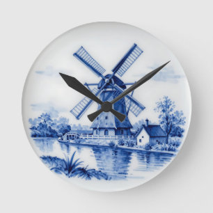 Relógio Redondo Cena Clássica do Moinho de Vento em Delft Azul