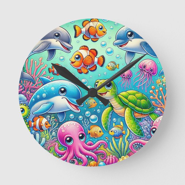 Relógio Redondo Cena Colorida Subaquática com o Mar Divertido (Frente)