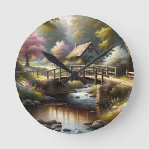 Relógio Redondo Cena de Cabana Cottagecore de Primavera na Ponte