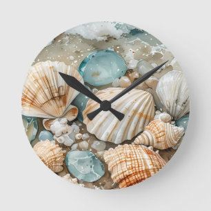 Relógio Redondo Cena de Conchas Marinhas Costeiras em Aquarela com