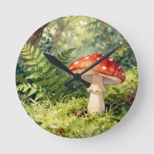 Relógio Redondo Cena de Floresta em Aquarela com Cogumelo Vermelho