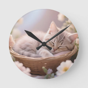 Relógio Redondo Cesta Floral de Gatinho Sonolento Sonhador