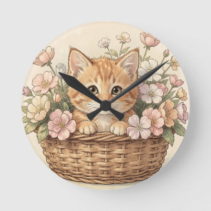Relógio Redondo Cesto de Flores com Doce Gatinho Ruivo