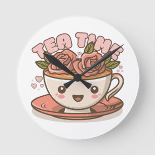 Relógio Redondo Chá Hora Rosa Chá Kawaii
