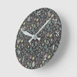 Relógio Redondo Chalkboard Easter Bunny Doodle Pattern