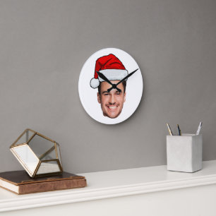Relógio Redondo Chapéu de Papai Noel com Foto Personalizada de Nat