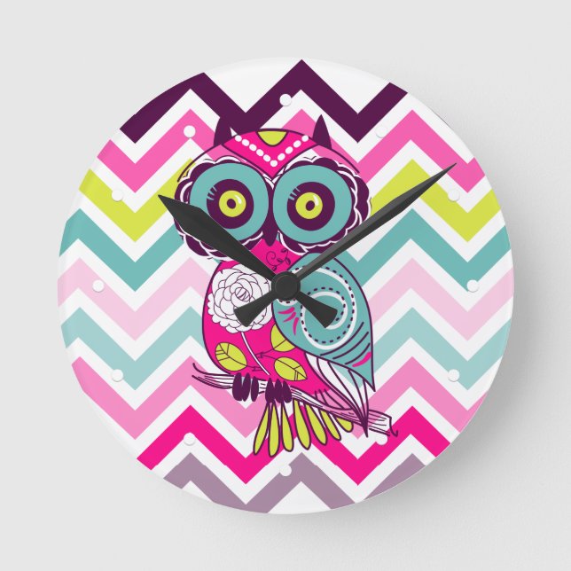 Relógio Redondo Chevron Retro Groovy Owl (Frente)