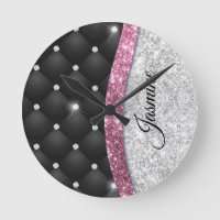 Chic girly faux Silver glitter black pink monogram