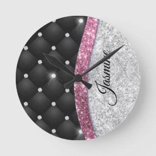 Relógio Redondo Chic girly faux Silver glitter black pink monogram