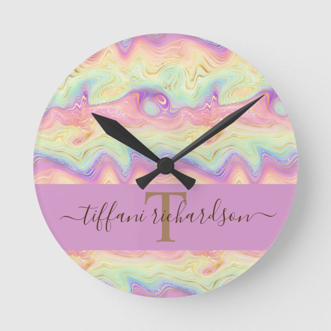 Relógio Redondo Chic Girly Rainbow Dourado Agate Geode (Frente)