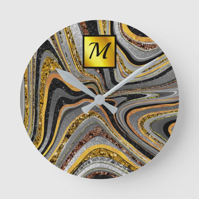 Relógio Redondo Chic Sparkle Glitter marble art grey gold monogram (Frente)