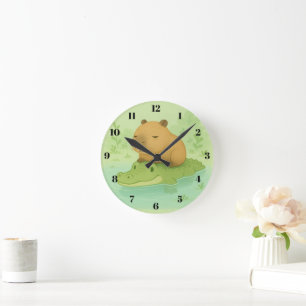 Relógio Redondo Chill & Cute: Meme de Capybara & Crocodile para ca