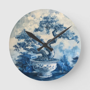 Relógio Redondo Chinoiserie Blue e White Porcelain Design