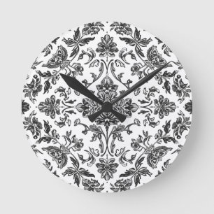 Relógio Redondo Chinoiserie Floral Preto e Branco Aquarela