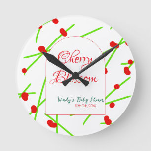 Relógio Redondo chuveiro de bebê vermelho verde flor de cerejeira