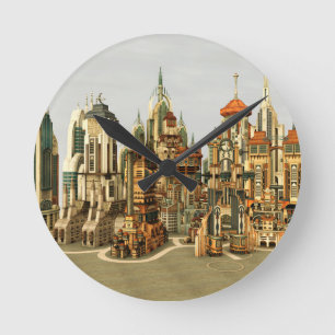 Relógio Redondo Cidade de Fantasia Futurista Arte de Horizonte de