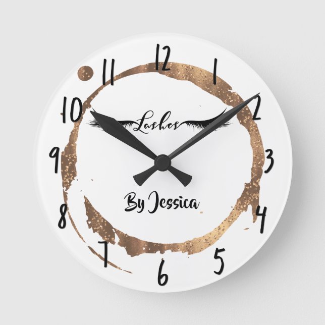 Relógio Redondo Cílios Modern Glam Bronze Glitter Gold Stain Salão (Frente)