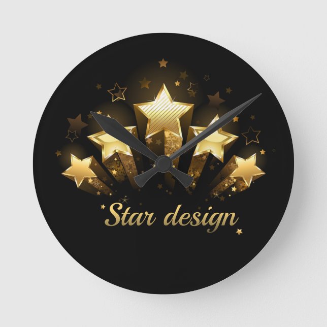 Relógio Redondo Cinco estrelas douradas a preto (Frente)