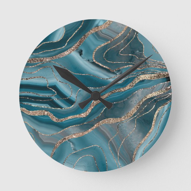 Relógio Redondo Cinza Azul Agrega Glitter Dourado Glam #1 (Frente)