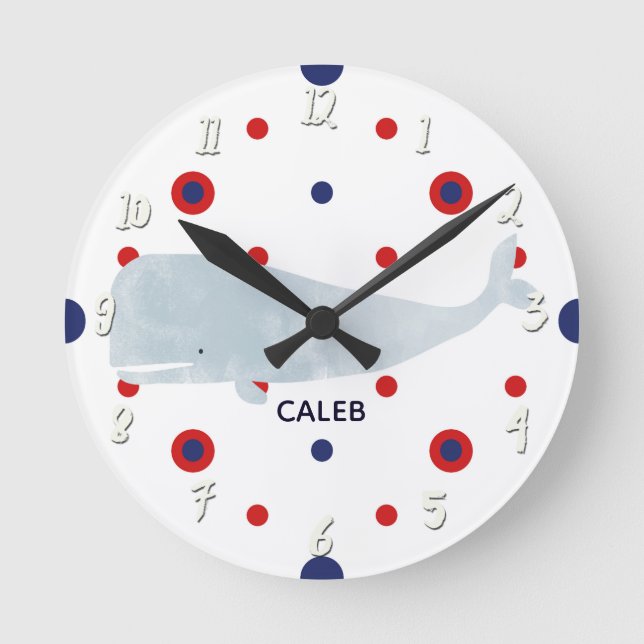 Relógio Redondo Cinza Náutica Cor da Água Baleia Vermelha Nome Azu (Frente)