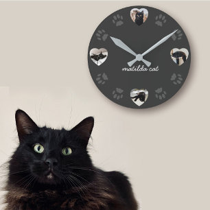 Relógio Redondo Cinza Paw Imprime Black Cat Foto Heart Wall Clock