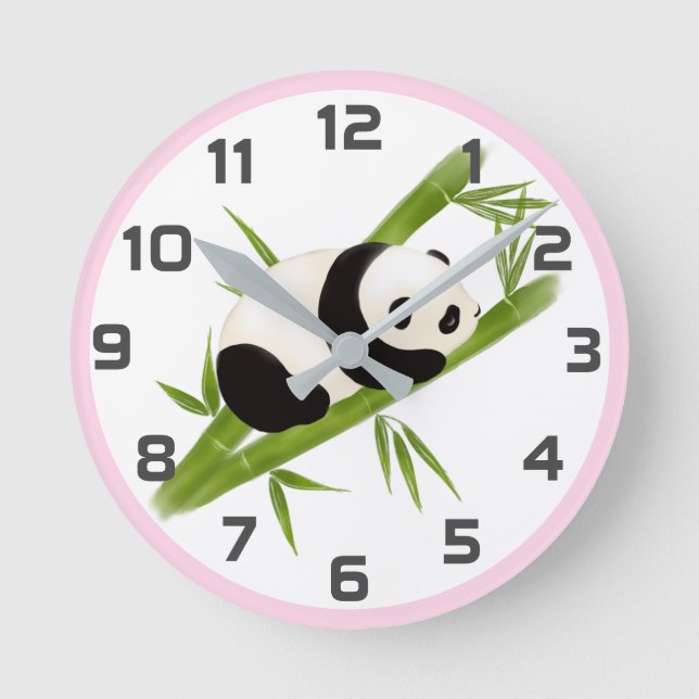 Relógio Redondo Cinza rosa Bambu Árvores Panda Bear Wall Clock (Frente)