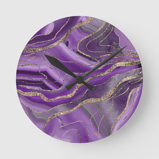 Relógio Redondo Cinza Roxa Agitar Glitter Dourado Glam #1  (Frente)