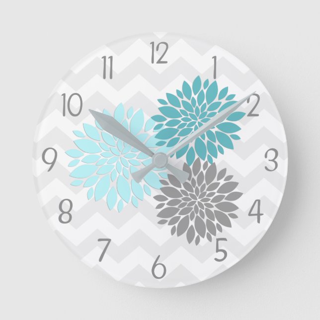 Relógio Redondo Cinza Teal Aqua Dahlia Flor Nursery Clock (Frente)