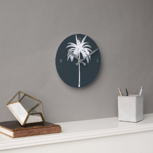 Relógio Redondo Cinza Tropical Palm Tree Elegante Moderna