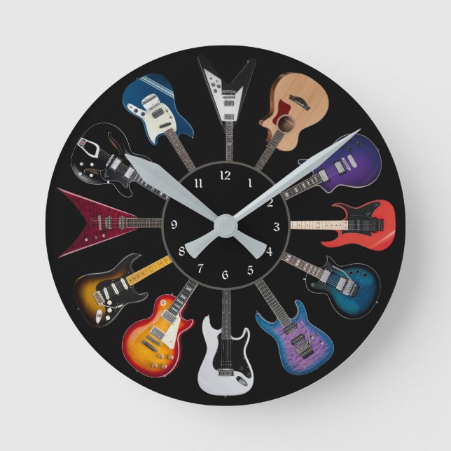 Relógio Redondo Círculo de Guitarra Elétrica Preto (Frente)