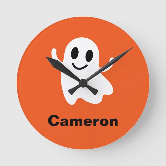 Relógio Redondo Círculo Laranja Fora Sorrindo Fantasma do Hallowee (Frente)