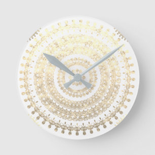 Relógio Redondo Círculo Tribal Boho Dourado Branco Mandala Eff Met