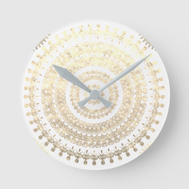 Relógio Redondo Círculo Tribal Boho Dourado Branco Mandala Eff Met (Frente)