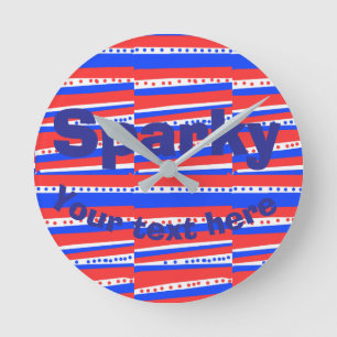 Relógio Redondo Círculos Listras Azuis Brancos Vermelhos