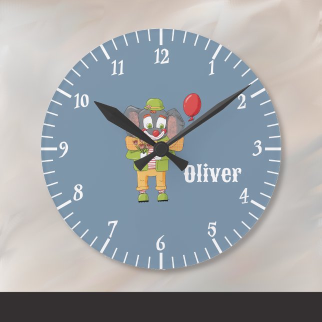 Relógio Redondo Circus Clown Elephant Blue Kid Wall Clock (Circus clown elephant nursery room blue wall clock with name . )